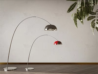 Silver And Red Curved Floor Lamps Against Grey Wall With Wooden Floor And Green Foliage 3d model