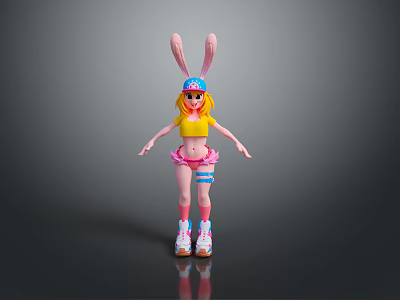 Children's Playful Rabbit Ear Doll Wearing Blue Hat Yellow Top Pink Shorts And Roller Skates 3d model