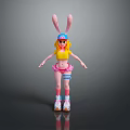 Children's Playful Rabbit Ear Doll Wearing Blue Hat Yellow Top Pink Shorts And Roller Skates