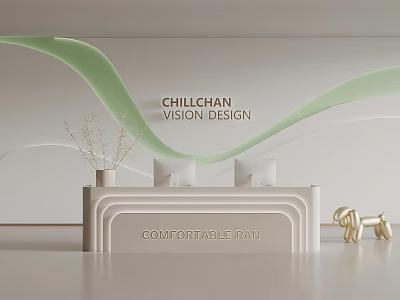 White Wall with Green Wavy Lines and CHILLCHAN VISION DESIGN Text Near Reception Desk 3d model