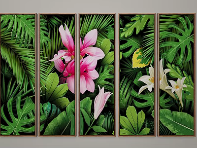 Tropical Plant Paintings Five Panel Canvas Wall Art With Pink White Flowers And Green Leaves 3d model