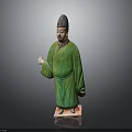 Ancient Terracotta Figurine In Green Robe With Hat And Standing Posture On Base