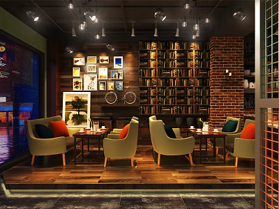 Warm Café Interior With Brick Wall Bookshelves Framed Paintings And Cozy Seating 3d model