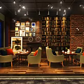 Warm Café Interior With Brick Wall Bookshelves Framed Paintings And Cozy Seating