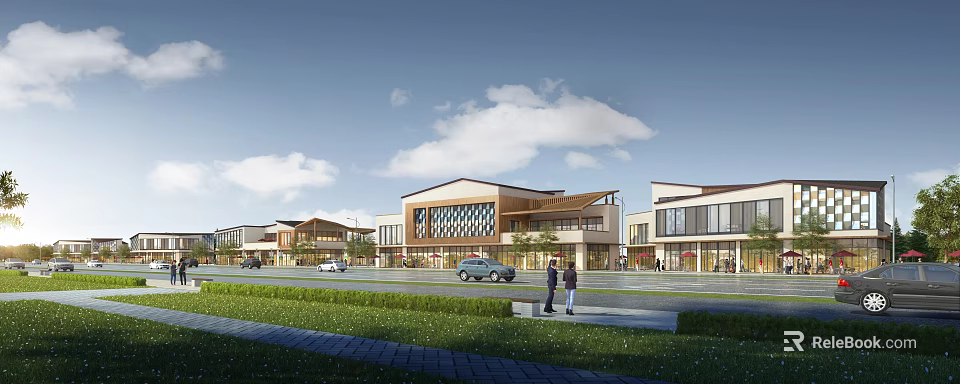 Modern Commercial Street with Contemporary Architecture Storefronts Cars Pedestrians Walking Green Lawn and Open Space 3d model 