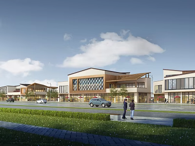 Modern Commercial Street with Contemporary Architecture Storefronts Cars Pedestrians Walking Green Lawn and Open Space 3d model