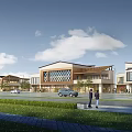 Modern Commercial Street with Contemporary Architecture Storefronts Cars Pedestrians Walking Green Lawn and Open Space