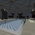Modern Indoor Swimming Pool With Geodesic Dome Roof Loungers And Plants