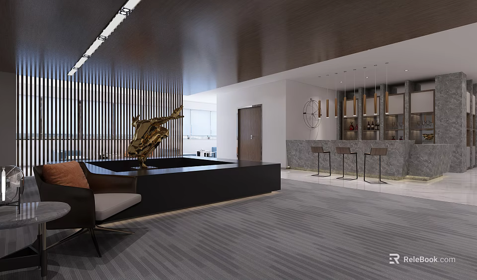 Modern Break Room Interior Design With Bar Counter Stools And Decorative Lighting 3d model