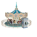 Classic Carousel Play Equipment With Blue White Canopy Golden Decorations And Colorful Horses