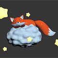 Red Fox Doll Lying On Cloud Shaped Object With Glowing Stars And Dark Background Reflection 3d model