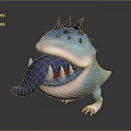 Cute Cartoon Blue Monster Character With Spiked Back Large Tongue And Sharp Teeth