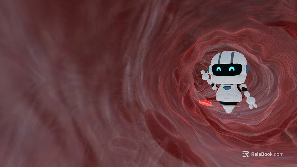 White And Blue Robot Waving In Red Swirling Background Environment 3d model 