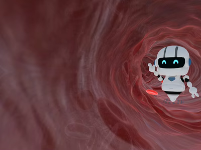 White And Blue Robot Waving In Red Swirling Background Environment 3d model