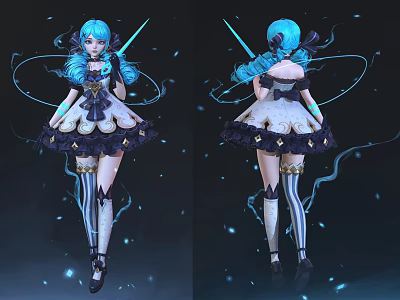 Blue Haired Female Game Character In White Black Dress With Glowing Weapon And Magic Elements 3d model