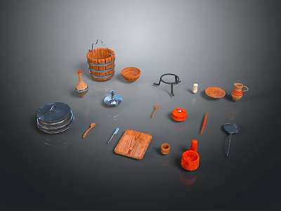 Assorted Daily Household Items Including Wooden Bucket Bowls Metal Tools Plates Spoons and Cutting Board 3d model