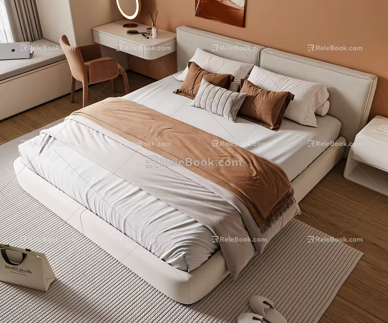 Cream wind double bed dressing table pillow carpet 3d model
