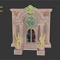 Pink Carved Entrance Gate Featuring Arched Window Double Doors And Flanking Statues