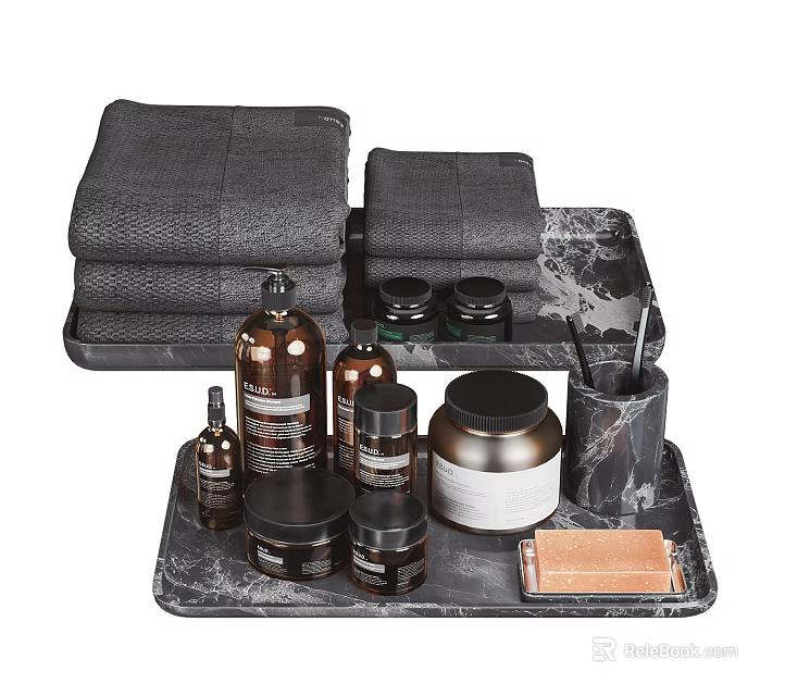 Stylish Daily Bathroom Essentials With Stacked Towels Glass Bottles And Marble Tray 3d model 