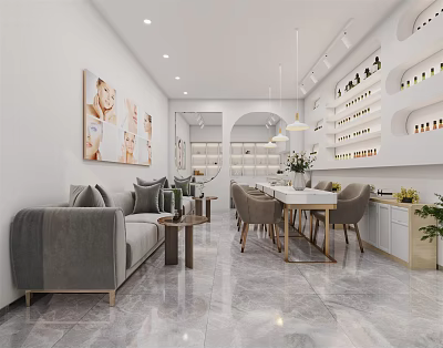 Modern Beauty Hair Salon Interior With Open Layout Reception Sofa And Styling Stations 3d model