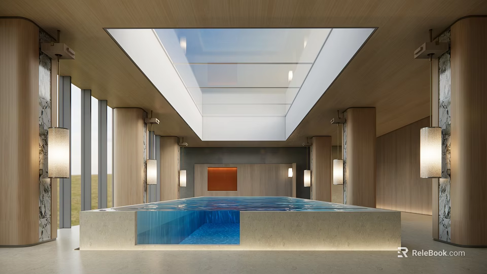 Modern Indoor Swimming Pool Interior With Skylight Wooden Walls And Natural Light 3d model 
