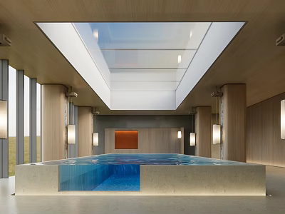 Modern Indoor Swimming Pool Interior With Skylight Wooden Walls And Natural Light 3d model