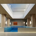Modern Indoor Swimming Pool Interior With Skylight Wooden Walls And Natural Light