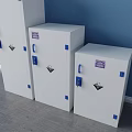 White Safety Cabinets With Blue Handles Purple Labels And Warning Signs In Different Sizes