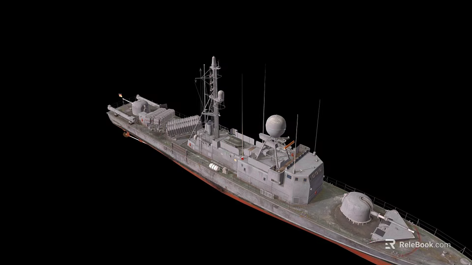 Modern Warship With Gray Hull Red Bottom Mast Antennas And Radar Domes 3d model 