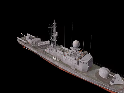 Modern Warship With Gray Hull Red Bottom Mast Antennas And Radar Domes 3d model