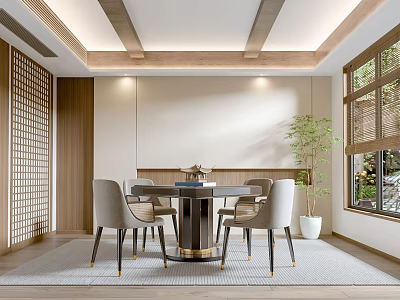 Modern Hotel Mahjong Room With Wooden Ceiling Lattice Screen Round Table Gray Chairs Green Plant Window 3d model