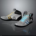 White High Top Sneakers With Yellow And Blue Laces And Circular Black Logo