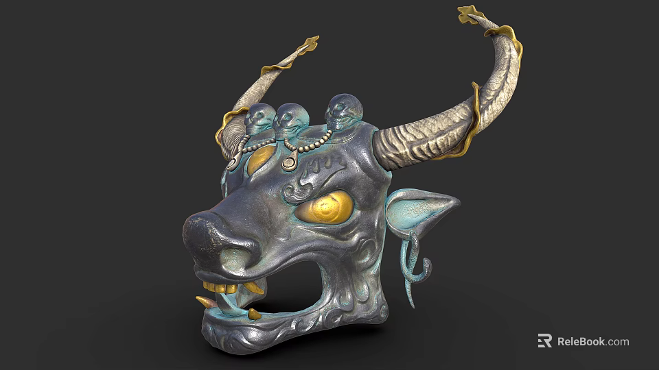 Ornate Bull Head Mask With Metallic Finish And Yellow Eyes Decorative Design 3d model 