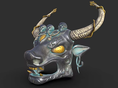 Ornate Bull Head Mask With Metallic Finish And Yellow Eyes Decorative Design 3d model