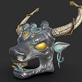 Ornate Bull Head Mask With Metallic Finish And Yellow Eyes Decorative Design