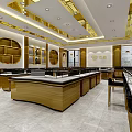 Elegant Jewelry Store Interior With Golden Ceiling Wooden Glass Display Counters And Bright Lighting