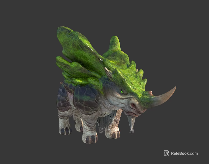 Detailed Green Moss Covered Fantasy Triceratops Like Mythical Creature With Decorative Back Structures 3d model 