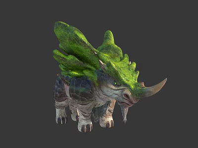 Detailed Green Moss Covered Fantasy Triceratops Like Mythical Creature With Decorative Back Structures 3d model