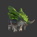Detailed Green Moss Covered Fantasy Triceratops Like Mythical Creature With Decorative Back Structures