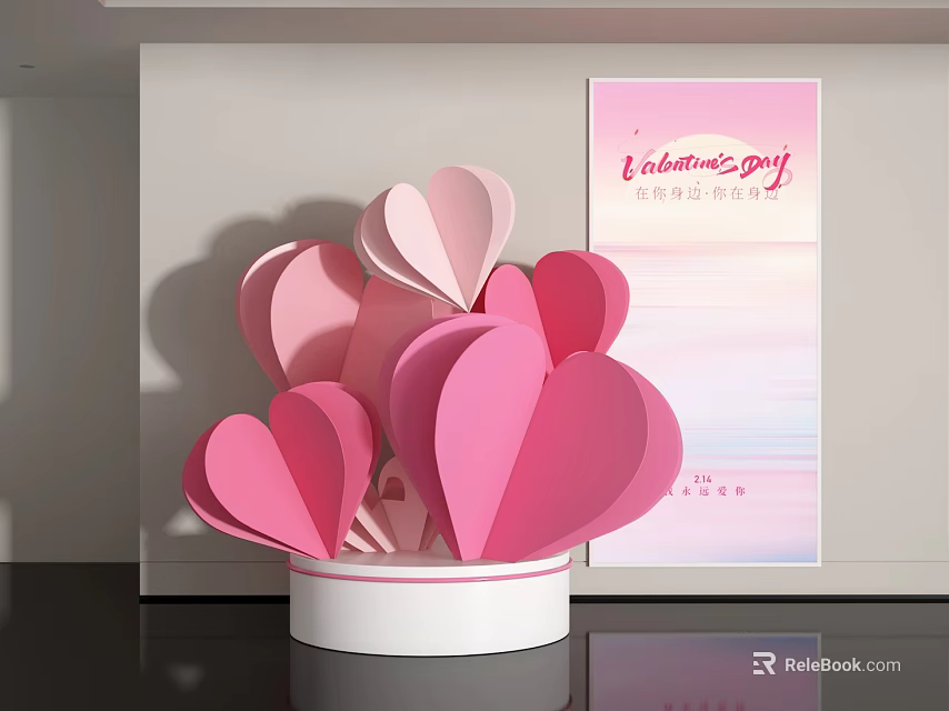 Valentine's Day Window Display With Pink Heart Decorations And February 14th Banner 3d model 