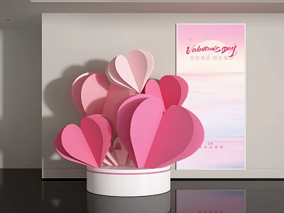 Valentine's Day Window Display With Pink Heart Decorations And February 14th Banner 3d model