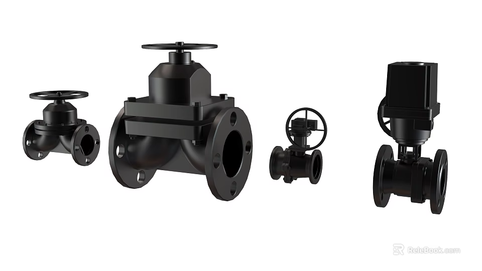 Industrial Black Valves Including Flanged Handwheel Operated Equipment Types 3d model 