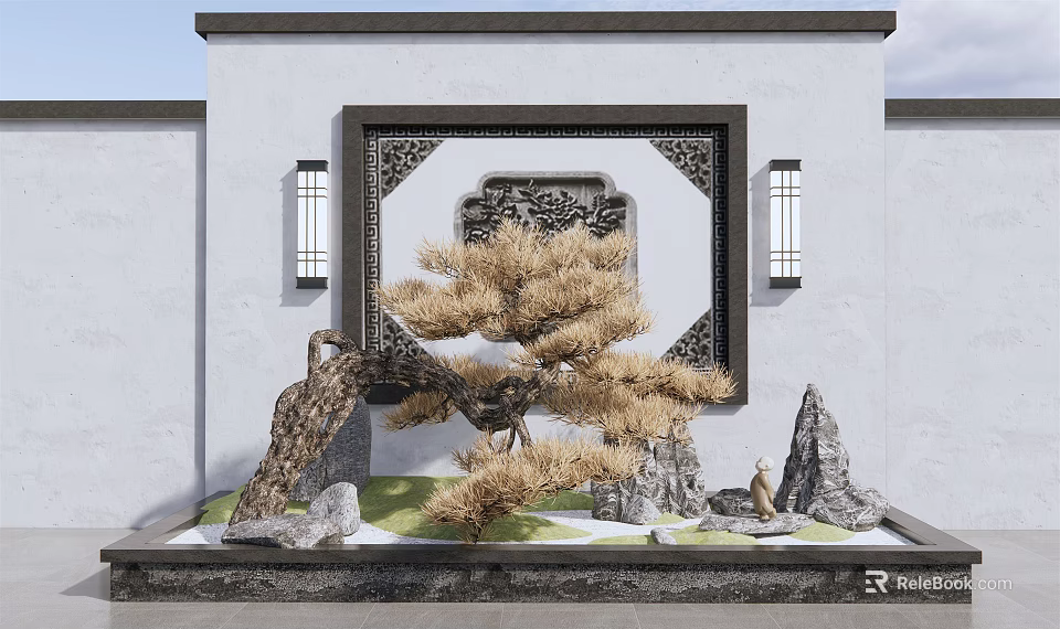 Chinese Style Scenic Wall With Carved Pattern Pine Tree Stones And Lanterns 3d model