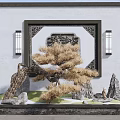 Chinese Style Scenic Wall With Carved Pattern Pine Tree Stones And Lanterns 3d model