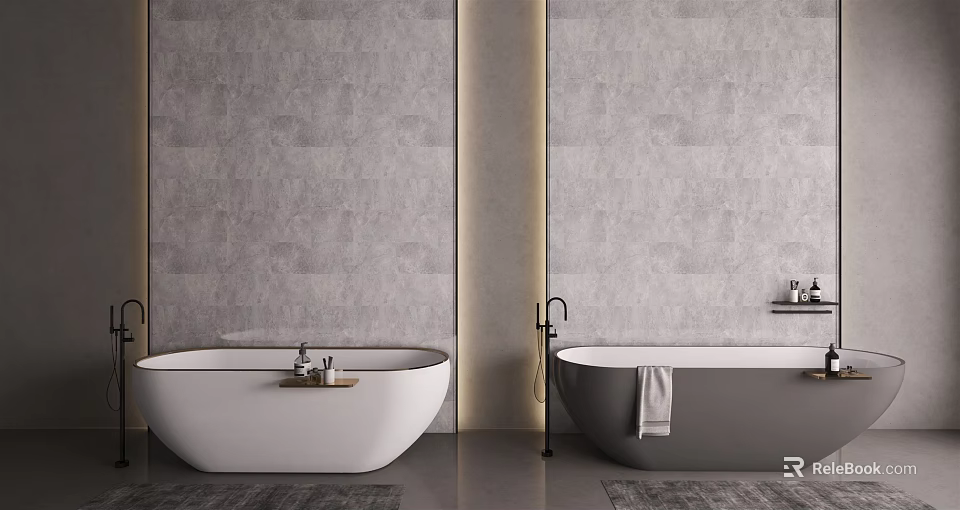 Modern Minimalist Bathroom Interior With White And Gray Bathtubs And Gray Walls 3d model 