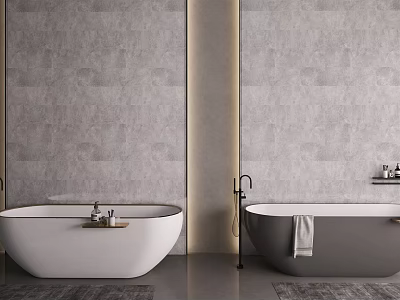 Modern Minimalist Bathroom Interior With White And Gray Bathtubs And Gray Walls 3d model