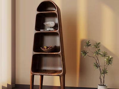 Three Tiered Wooden Shelf With Open Compartments Shell Decoration Fruit Basket And Small Potted Plant 3d model