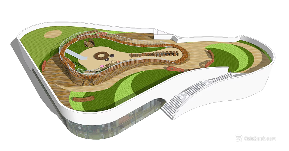 Guitar Shaped Landscape Design With Wooden Structure Green Lawn And Circular Wooden Deck 3d model 
