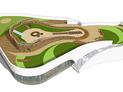 Guitar Shaped Landscape Design With Wooden Structure Green Lawn And Circular Wooden Deck 3d model