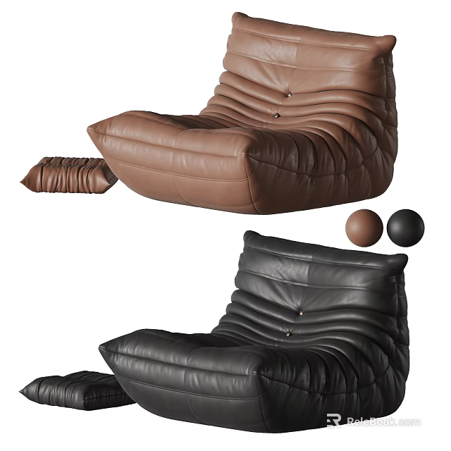 Brown And Black Leather Single Sofa With Tufted Design And Matching Ottoman 3d model